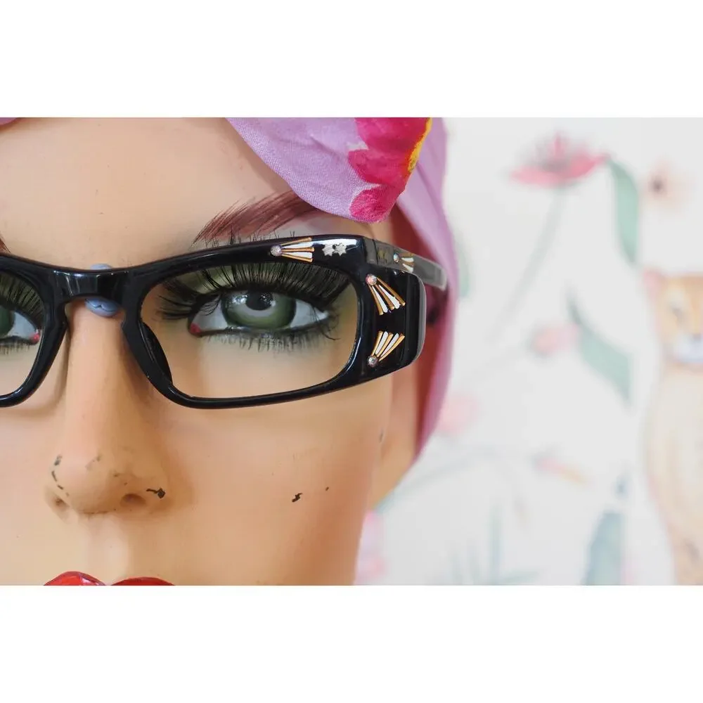Vintage 1960s Cat Eye Rhinestones Eyeglasses France Rockabilly Pin Up Retro MCM